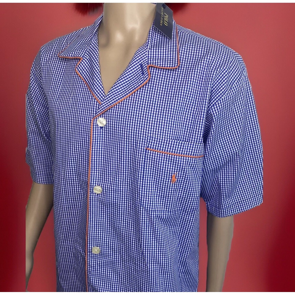 Polo Ralph Lauren‎ Pajama Shirt Mens L Button Down Plaid Checks Blue Orange NWT
